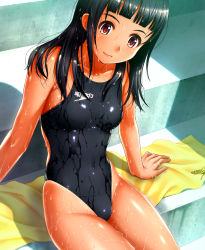 Rule 34 | 1girl, black hair, competition swimsuit, highleg, highleg swimsuit, highres, kuri (kurigohan), long hair, one-piece swimsuit, original, red eyes, solo, speedo (company), swimsuit, towel, wet
