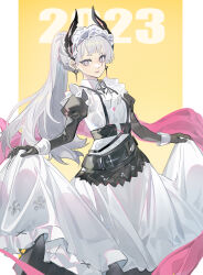 Rule 34 | 1girl, 2023, absurdres, arknights, belt, clothes lift, commentary, cross, cross earrings, dated, dress, dress lift, earrings, echj, gloves, grey eyes, grey hair, highres, irene (arknights), irene (voyage of feathers) (arknights), jewelry, lifted by self, long hair, looking at viewer, maid, maid headdress, official alternate costume, ponytail, scar, scar across eye, solo, very long hair