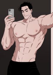 Rule 34 | 1boy, abs, balnom, bara, cowboy shot, highres, holding, holding phone, large pectorals, male focus, mature male, muscular, muscular male, navel, nipples, one eye closed, original, outstretched arm, pectorals, phone, seductive smile, selfie, smile, solo, standing, stomach, thick eyebrows, topless male, tsurime, veiny crotch