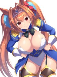 Rule 34 | 1girl, alternate costume, animal ears, breasts, brown hair, cleavage, commentary request, cowboy shot, daiwa scarlet (umamusume), epaulettes, garter straps, gluteal fold, hair intakes, hands on own hips, highres, horse ears, horse girl, large breasts, leaning forward, leotard, long hair, long sleeves, looking at viewer, nontraditional playboy bunny, pataneet, playboy bunny, red eyes, simple background, smile, solo, thighhighs, tiara, twintails, umamusume, white background