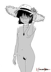 Rule 34 | 1girl, absurdres, arms at sides, artist logo, artist name, black hair, blunt ends, bracelet, breasts, closed mouth, collarbone, completely nude, cowboy shot, dark-skinned female, dark skin, earrings, female pubic hair, flower, fushigi no umi no nadia, gem, greyscale, halftone texture, hand up, hat, hat flower, hat ribbon, hibiscus, highres, hoop earrings, jewelry, light smile, looking at viewer, looking to the side, monochrome, nadia la arwall, navel, neck ring, necklace, nipples, nude, pendant, pm antunes, pubic hair, pussy, ribbon, shaded face, short hair, simple background, small breasts, smile, solo, straw hat, sun hat, thigh gap, white background