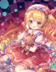 Rule 34 | 1girl, :d, apple, birdcage, blonde hair, blueberry, blurry, blush, bow, bug, butterfly, cage, checkered background, chromatic aberration, coa (chroo x), commentary request, crystal, fang, flandre scarlet, food, frilled shirt collar, frills, fruit, hair bow, hand on own cheek, hand on own face, hand up, hat, hugging object, insect, mob cap, one side up, open mouth, puffy short sleeves, puffy sleeves, red bow, red eyes, red skirt, red vest, shirt, short sleeves, sitting, skirt, smile, solo, sparkle, stuffed animal, stuffed toy, teddy bear, touhou, vest, wariza, white hat, white shirt, wings, wrist cuffs