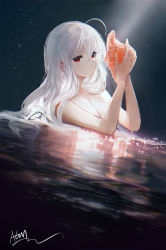 Rule 34 | 1girl, absurdres, ahoge, arknights, breasts, closed mouth, commentary request, hair between eyes, highres, holding, holding shell, long hair, looking at viewer, medium breasts, nude, omone hokoma agm, partially submerged, red eyes, shell, signature, skadi (arknights), sky, solo, star (sky), starry sky, water, wet, white hair