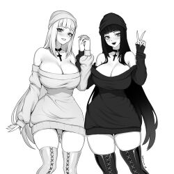 Rule 34 | 2girls, beanie, blunt bangs, blush, brassica, breasts, choker, cleavage, cross, cross-laced clothes, cross-laced legwear, eyelashes, greyscale, hat, highres, holding hands, interlocked fingers, large breasts, long hair, monochrome, multiple girls, off-shoulder sweater, off shoulder, open mouth, original, parted lips, sweater, v