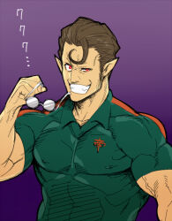 Rule 34 | 1boy, bad id, bad pixiv id, bara, brown hair, character request, check copyright, copyright request, covered erect nipples, evil grin, evil smile, facial hair, glasses, grin, hellsing, holding, holding removed eyewear, long sideburns, looking at viewer, mabataki, muscular, muscular male, polo shirt, round eyewear, shirt, sideburns, sideburns stubble, smile, solo, stubble, taut clothes, taut shirt, translation request, unworn eyewear, upper body
