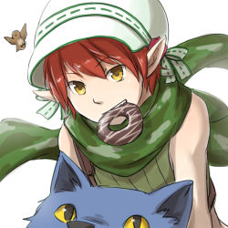 Rule 34 | 1boy, bird, bonnet, camouflage scarf, chocolate doughnut, commentary request, crop top, doughnut, food, food in mouth, green scarf, green shirt, looking at viewer, male focus, natsuya (kuttuki), pointy ears, ragnarok online, ranger (ragnarok online), red hair, scarf, shirt, short hair, simple background, sleeveless, sleeveless shirt, solo, upper body, white background, wolf, yellow eyes