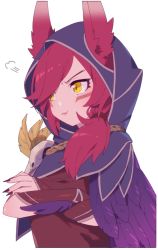 Rule 34 | angry, animal ears, crossed arms, facial mark, feathers, hood, league of legends, looking away, nail polish, pink hair, pout, purple eyes, purple nails, side ponytail, solo, swept bangs, uso (ameuzaki), whisker markings, xayah, yellow eyes