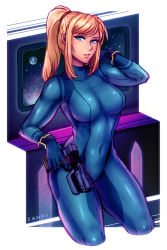 Rule 34 | 1girl, against window, artist name, blonde hair, blue bodysuit, bodysuit, breasts, covered navel, crop top, cropped legs, eyeliner, gun, hair ornament, hair scrunchie, handgun, holding, holding gun, holding weapon, iahfy, makeup, medium breasts, metroid, mole, mole under mouth, nintendo, ponytail, samus aran, scrunchie, sidelocks, skin tight, sleeveless, solo, space, thick thighs, thighs, trigger discipline, weapon, window, wristband, zero suit