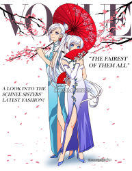 Rule 34 | 2girls, blue eyes, breasts, changpao, cherry blossoms, china dress, chinese clothes, commission, cover, dress, fake cover, fake magazine cover, fashion, floral print, hair bun, hand fan, high heels, holding, holding fan, holding umbrella, long hair, magazine cover, medium breasts, multiple girls, naomi gumbs (hanamimi), oil-paper umbrella, paper fan, ponytail, red umbrella, rwby, scar, scar across eye, scar on face, siblings, side ponytail, side slit, single hair bun, sisters, small breasts, tiara, umbrella, vogue (magazine), weiss schnee, white hair, winter schnee