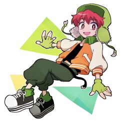 Rule 34 | 1boy, animification, black shirt, child, fingerless gloves, gloves, green headwear, highres, jacket, kxh-hxk, kyle broflovski, looking at viewer, male focus, midriff peek, open clothes, open jacket, open mouth, red hair, shirt, shoelaces, shoes, smile, solo, south park