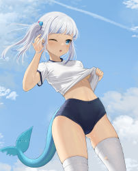 Rule 34 | 1girl, absurdres, alternate breast size, bangom r, blue buruma, blue hair, blue sky, blush, breasts, buruma, clothes lift, cloud, dice hair ornament, dutch angle, fins, fish tail, from below, gawr gura, gym shirt, gym uniform, hair ornament, highres, hololive, hololive english, lifting own clothes, midriff, multicolored hair, navel, no bra, one eye closed, open mouth, outdoors, shark tail, shirt, shirt lift, short sleeves, side ponytail, skindentation, sky, small breasts, solo, streaked hair, sweat, tail, teeth, thighhighs, torn clothes, torn thighhighs, underboob, uniform, upper teeth only, upshirt, virtual youtuber, white hair, white shirt, white thighhighs