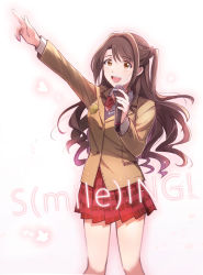 Rule 34 | 1girl, :d, aki (neyuki41028), bow, bowtie, breasts, brown eyes, brown hair, brown jacket, floating hair, holding, holding microphone, idolmaster, idolmaster cinderella girls, index finger raised, jacket, long hair, long sleeves, medium breasts, microphone, miniskirt, open mouth, outstretched arm, plaid, plaid skirt, pleated skirt, red bow, red bowtie, red skirt, s(mile)ing!, school uniform, shimamura uzuki, side ponytail, simple background, skirt, smile, solo, standing, swept bangs, very long hair, white background