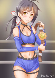 Rule 34 | 1girl, ahoge, alternate costume, anti (untea9), asymmetrical bangs, belt, blue shorts, breasts, cleavage, collarbone, detached sleeves, fujinami (kancolle), hair ribbon, highres, holding, holding belt, kantai collection, long hair, looking at viewer, medium breasts, name connection, navel, purple hair, ribbon, short shorts, shorts, side ponytail, smile, solo, standing, sweat, twitter username, white ribbon, wrestling outfit, wrestling ring, yellow eyes