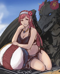 Rule 34 | 1girl, ball, bare arms, bare shoulders, beach towel, beachball, bikini, black bikini, blue sky, breasts, cherche (fire emblem), cleavage, cloud, cm lynarc, day, fire emblem, fire emblem awakening, flower, grin, hair flower, hair ornament, hairband, hand up, highres, jewelry, long hair, looking at viewer, minerva (fire emblem awakening), navel, necklace, nintendo, outdoors, pink flower, pink hair, red eyes, sitting, sky, smile, stomach, swimsuit, thighs, towel, very long hair, white hairband