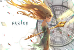 Rule 34 | 10s, 1girl, avalon (monster strike), bare shoulders, blonde hair, character name, clock, closed mouth, copyright name, dress, echosdoodle, english text, from side, green eyes, hair ornament, hairclip, highres, key, monster strike, profile, short sleeves, signature, solo, staff, strapless, strapless dress, white background, white dress, wind