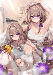 2girls absurdres arm_up armpits baba_kirika bath blush breasts brown_hair cleavage closed_mouth commentary_request doll_joints dual_persona flower hair_intakes hand_on_another&#039;s_knee herta_(honkai:_star_rail) highres honkai:_star_rail honkai_(series) indoors joints knees_up large_breasts long_hair looking_at_viewer multiple_girls naked_towel partially_submerged purple_eyes purple_flower purple_nails rubber_duck same-sex_bathing shared_bathing small_breasts smile the_herta_(honkai:_star_rail) towel very_long_hair wet wet_hair