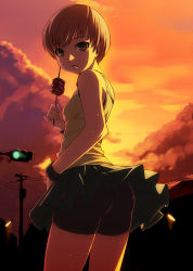 Rule 34 | 1girl, ass, atlus, bike shorts, bike shorts under skirt, brown eyes, brown hair, clothes lift, cloud, food, from behind, kebab, lamppost, leaning forward, looking at viewer, looking back, meat, pantylines, parted lips, persona, persona 4, power lines, satonaka chie, short hair, shorts, shorts under skirt, skirt, skirt lift, sky, solo, sunset, sweat, tasaka shinnosuke, traffic light, twilight, utility pole, wind, wind lift, wristband