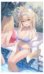 Rule 34 | 2girls, absurdres, animal ear fluff, animal ears, bandaid hair ornament, bikini, blonde hair, blue hair, blue nails, border, breasts, colored inner animal ears, dog ears, dog girl, dog tail, fang, fuwawa abyssgard, hair ornament, highres, hololive, hololive english, large breasts, long hair, looking at viewer, midori xu, mococo abyssgard, multicolored hair, multiple girls, open mouth, pink eyes, pool, siblings, side-tie bikini bottom, sisters, skin fang, smile, solo focus, streaked hair, swimsuit, tail, twins, v, virtual youtuber, white border