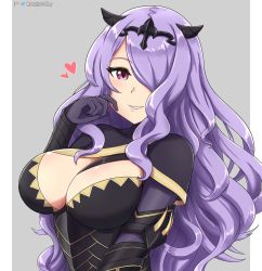 Rule 34 | 1girl, armor, breasts, camilla (fire emblem), canadiananiguy, cleavage, fire emblem, grin, hair over one eye, heart, large breasts, long hair, nintendo, purple eyes, purple hair, smile, solo