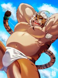 Rule 34 | 1boy, ahoge, animal ears, armpit hair, armpits, arms behind head, bara, bare pectorals, belly, biceps, blue eyes, bulge, chest tattoo, fat, fat man, forked eyebrows, furry, furry male, gluteal fold, highres, hombre tigre (housamo), large pectorals, male focus, male swimwear, muscular, natsume yukimushi, navel, nipples, pectorals, sharp teeth, short hair, smile, solo, spread legs, swim briefs, swimsuit, tail, tail raised, tattoo, teeth, thick eyebrows, thick thighs, thighs, tiger boy, tiger ears, tiger tail, tokyo houkago summoners, tongue, white hair, white male swimwear, white swim briefs