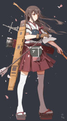 Rule 34 | 10s, 1girl, akagi (kancolle), arrow (projectile), bow (weapon), brown eyes, brown hair, flight deck, ghost (ghost528), hakama, hakama skirt, highres, holding, japanese clothes, kantai collection, long hair, machinery, muneate, petals, pleated skirt, red hakama, simple background, sketch, skirt, solo, thighhighs, weapon, white thighhighs, wind, zettai ryouiki