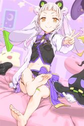 Rule 34 | 1girl, absurdres, arched bangs, bare legs, barefoot, chinese clothes, double bun, feet, full body, grey hair, haimura kiyotaka, hair bun, highres, hololive, legs, long hair, long sleeves, looking at viewer, murasaki shion, on bed, playstation controller, short eyebrows, sitting, smile, solo, striped, toenails, toes, v, vertical stripes, virtual youtuber, yellow eyes