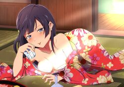Rule 34 | absurdres, bare shoulders, black hair, blue eyes, blush, breasts, clothes down, cup, double-parted bangs, floral print, food, glass, highres, holding, holding cup, japanese clothes, kimono, love live!, love live! nijigasaki high school idol club, lying, medium breasts, on floor, on side, one side up, red kimono, sushi, tagme, tongue, tongue out, yuki setsuna (love live!), zasshoku ojisan