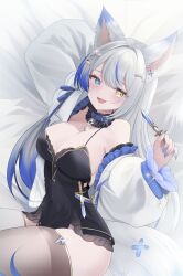 Rule 34 | 1girl, animal ears, black dress, blue eyes, blue hair, blue nails, blush, breasts, commentary, commission, dress, fox ears, grey hair, heterochromia, highres, holding, holding knife, indie virtual youtuber, jacket, knife, kurage cc, large breasts, long hair, lulebel, multicolored hair, open clothes, open jacket, open mouth, skeb commission, smile, solo, streaked hair, symbol-only commentary, thighhighs, virtual youtuber, white jacket, yellow eyes