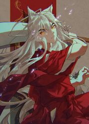 Rule 34 | 1boy, ahoge, animal ear fluff, animal ears, bead necklace, beads, blue pupils, closed mouth, fingernails, hair between eyes, highres, holding, holding sword, holding weapon, inuyasha, inuyasha (character), jewelry, long hair, long sleeves, male focus, necklace, sharp fingernails, solo, sword, tuuuze, weapon, white hair, wide sleeves, yellow eyes