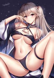 Rule 34 | 1girl, anchorage (azur lane), azur lane, bikini, blonde hair, breasts, closed mouth, groin, hair ornament, highres, jacket, large breasts, light brown hair, looking at viewer, navel, open clothes, open jacket, pink eyes, signature, smile, solo, spread legs, swimsuit, thigh strap, two side up, wsman