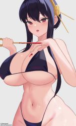 Rule 34 | 1girl, absurdres, artist request, bikini, black hair, blood, blood on breasts, breasts, cleavage, highres, long hair, looking at viewer, red eyes, solo, spy x family, swimsuit, yor briar