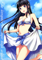 Rule 34 | 10s, 1girl, :d, absurdres, barefoot, bikini, black hair, blue eyes, bow, bow bikini, breasts, cleavage, clothes lift, cloud, copyright name, day, english text, from below, from side, hair ornament, hair ribbon, highres, leg up, lifted by self, long hair, mahouka koukou no rettousei, medium breasts, navel, open mouth, outdoors, ribbon, sarong, sarong lift, scan, shiba miyuki, sky, smile, solo, sparkle, swimsuit, thighs, very long hair, white bikini, yuzuki n dash