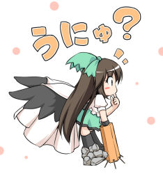Rule 34 | 1girl, ?, arm cannon, asymmetrical clothes, asymmetrical footwear, black hair, blush stickers, bow, cape, chibi, fechirin, female focus, finger to mouth, hair bow, long hair, mismatched footwear, profile, reiuji utsuho, solo, touhou, translated, unyu, weapon, wings