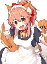 Rule 34 | 10s, 1girl, animal ears, animal hands, apron, bell, bow, breasts, cat hair ornament, cat paws, collar, fangs, fate/extra, fate/grand order, fate (series), fox ears, fox tail, gloves, hair bow, hair ornament, hair ribbon, hand on own hip, highres, jingle bell, long hair, looking at viewer, maid headdress, medium breasts, neck bell, open mouth, paw gloves, pink hair, ponytail, ribbon, simple background, smile, solo, tail, tamamo (fate), tamamo cat (fate), tamamo cat (second ascension) (fate), white background, yellow eyes