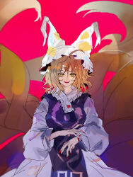 Rule 34 | 1girl, animal hat, blonde hair, breasts, cerevevisiae, commentary request, cowboy shot, dress, fox tail, hair between eyes, hat, highres, kitsune, kyuubi, long sleeves, looking at viewer, medium breasts, medium hair, mob cap, multiple tails, nail polish, open mouth, purple tabard, red background, red nails, smile, solo, tabard, tail, touhou, white dress, white hat, yakumo ran, yellow eyes