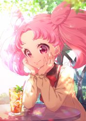 Rule 34 | 1girl, absurdres, bishoujo senshi sailor moon, chibi usa, commentary request, cone hair bun, drink, drinking straw, eriko (nakaeri gogo), female focus, glass, hair bun, highres, huge filesize, long sleeves, looking at viewer, pink eyes, pink hair, school uniform, smile, solo, table, twintails, upper body