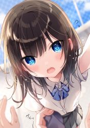 Rule 34 | 1girl, bad id, bad pixiv id, black hair, blue bow, blue eyes, blurry, blurry background, blurry foreground, blush, bow, chain-link fence, collared shirt, commentary request, day, depth of field, dress shirt, fang, fence, flying sweatdrops, grey skirt, highres, holding, looking at viewer, mafuyu (chibi21), open mouth, original, outdoors, pleated skirt, pov, reaching, reaching towards viewer, shirt, short sleeves, skirt, solo focus, standing, sweat, twitter username, v-shaped eyebrows, white shirt