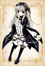 Rule 34 | 00s, boots, doll joints, dress, flower, frills, gothic lolita, hairband, head rest, joints, knee boots, lolita fashion, lolita hairband, long hair, moru, red eyes, rose, rozen maiden, silver hair, solo, suigintou