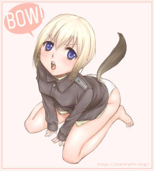 Rule 34 | 00s, 1girl, bad id, bad pixiv id, barefoot, blonde hair, blue eyes, erica hartmann, kanda aya, panties, short hair, sitting, solo, strike witches, tail, underwear, world witches series