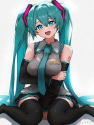 Rule 34 | 1girl, aged up, aqua hair, aqua necktie, arm under breasts, artist name, bare shoulders, between legs, black footwear, black skirt, black sleeves, blue eyes, boots, breasts, collared shirt, commentary, detached sleeves, fang, grey shirt, hair between eyes, hair ornament, hand between legs, hatsune miku, highres, hylran0427, large breasts, light blush, long hair, looking at viewer, necktie, number tattoo, open mouth, pleated skirt, shirt, shoulder tattoo, simple background, sitting, skirt, sleeveless, sleeveless shirt, solo, tattoo, thigh boots, twintails, very long hair, vocaloid, wariza