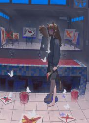 Rule 34 | 1girl, air conditioner, animal ears, barefoot, black shirt, black shorts, brown hair, bug, butterfly, highres, holding, horror (theme), insect, kenharu, long hair, long sleeves, looking at viewer, original, paint can, paintbrush, purple eyes, reflection, shadow, shirt, shorts, solo, standing, tail, tiles, white butterfly, wide shot