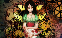 Rule 34 | 1girl, alice: madness returns, alice (alice in wonderland), alice liddell (american mcgee&#039;s alice), american mcgee&#039;s alice, apron, black hair, blood, blood on clothes, blood on face, bloody knife, bloody weapon, gears, green eyes, holding, holding weapon, jewelry, knife, lipstick, long hair, looking at viewer, makeup, necklace, qian ye 2.s, smile, solo, weapon
