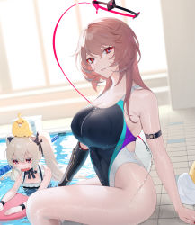 Rule 34 | 2girls, arm strap, azur lane, black bow, black one-piece swimsuit, blonde hair, bow, breasts, brown hair, cleavage, collarbone, competition swimsuit, creature on head, duca degli abruzzi (azur lane), duca degli abruzzi (lustrous onyx sirenetta) (azur lane), fang, from side, hair bow, halo, highres, indoors, large breasts, long hair, looking at viewer, looking to the side, manjuu (azur lane), mechanical arms, multiple girls, official alternate costume, ohisashiburi, one-piece swimsuit, open mouth, paid reward available, parted lips, partially submerged, pool, prosthesis, prosthetic arm, red eyes, single mechanical arm, sitting, skin fang, soaking feet, swimming, swimsuit, thighs, tile floor, tiles, twintails, v-shaped eyebrows, valiant (azur lane), water, wet, whistle, zipper