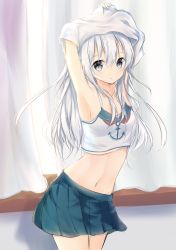 Rule 34 | 1girl, :o, absurdres, anchor symbol, armpits, arms up, blue eyes, blush, breasts, clothes writing, commentary request, contrapposto, cowboy shot, crop top, curtains, hair between eyes, hibiki (kancolle), highres, indoors, kantai collection, long hair, looking at viewer, midriff, navel, pleated skirt, russian text, shirt, silver hair, sketch, skirt, sleeveless, small breasts, solo, standing, undressing, uzuki tsukuyo, window