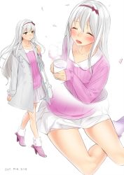 Rule 34 | 10s, 1girl, alternate costume, ama mitsuki, blush, casual, cherry blossoms, coat, commentary, contemporary, dated, closed eyes, from above, full body, high heels, kantai collection, lips, long hair, looking at viewer, miniskirt, multiple views, open mouth, petals, pink footwear, pink sweater, pleated skirt, ribbed sweater, shoes, shoukaku (kancolle), sitting, skirt, sleeves past wrists, sweater, upper body, white hair, winter clothes, winter coat, yellow eyes