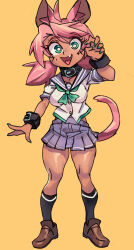 Rule 34 | 1girl, :&gt;, absurdres, animal ears, breasts, cat ears, cat girl, cat tail, claw pose, colored skin, dark-skinned female, dark skin, fang, fingernails, furry, furry female, green eyes, happy, highres, kevin ku, large breasts, looking at viewer, low twintails, miniskirt, nikki (kevin ku), open mouth, original, school uniform, shiny skin, shorts, simple background, skirt, solo, standing, tail, twintails, white skin, wide hips
