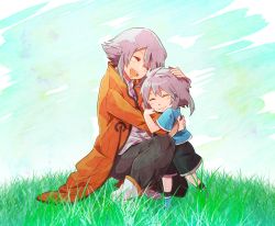 Rule 34 | 00s, 1boy, 1girl, blush, brother and sister, capelet, coat, closed eyes, genius sage, grass, grey hair, hetero, hug, open mouth, pants, raine sage, shoes, short hair, shorts, siblings, smile, socks, tales of (series), tales of symphonia