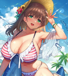 Rule 34 | 1girl, bikini, blue sky, blush, bracelet, breasts, brown hair, cleavage, cloud, collarbone, commentary request, covered erect nipples, day, flower, green eyes, hat, hat flower, inflatable dolphin, inflatable toy, jewelry, large breasts, lens flare, looking at viewer, open mouth, original, outdoors, sample watermark, sarong, sasachin (k+w), sky, smile, solo, striped bikini, striped clothes, sun hat, sweat, swimsuit, teeth, upper teeth only, watermark