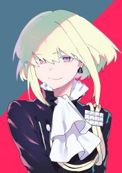 Rule 34 | 1boy, earrings, frilled shirt collar, frills, green hair, highres, jewelry, lio fotia, looking at viewer, male focus, moegi0926, platinum blonde hair, promare, purple eyes, short hair, smile, solo