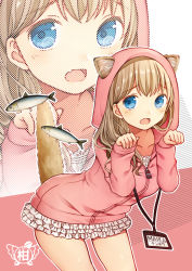 Rule 34 | 1girl, animal ears, animal hood, blonde hair, blouse, blue eyes, blush, breasts, cat ears, cat girl, cat hood, cat tail, character name, clarinet (natsumi3230), collarbone, commentary request, cowboy shot, fang, fish, hood, hoodie, id card, kurata rine, lanyard, leaning forward, long hair, looking at viewer, medium breasts, name tag, open mouth, original, shirt, solo, tail, white shirt, zoom layer